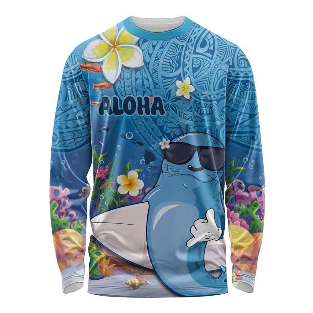 Aloha Hawaiian Monk Seal Long Sleeve Shirt Polynesian Tattoo The Ocean and Undersea Vibe LT03 Unisex Blue - Polynesian Pride