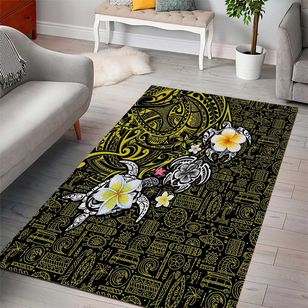 Hawaiian Turtle and Plumeria Area Rug Polynesian Tattoo and Tribal Elements Pattern Yellow Color LT03 - Polynesian Pride