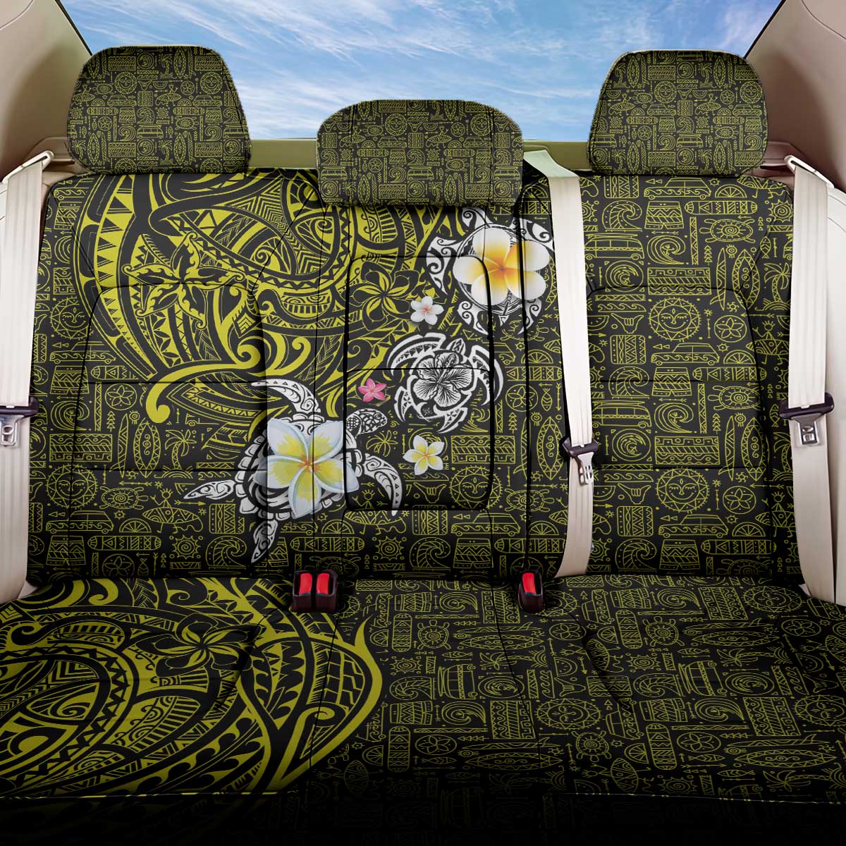 Hawaiian Turtle and Plumeria Back Car Seat Cover Polynesian Tattoo and Tribal Elements Pattern Yellow Color LT03 One Size Yellow - Polynesian Pride
