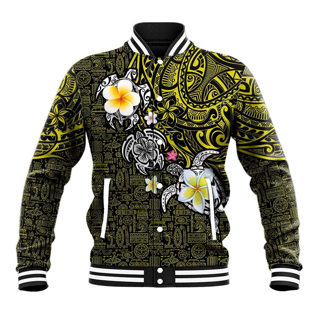 Hawaiian Turtle and Plumeria Baseball Jacket Polynesian Tattoo and Tribal Elements Pattern Yellow Color LT03 Unisex Yellow - Polynesian Pride