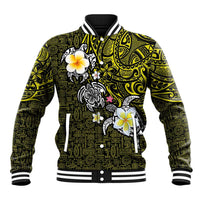 Hawaiian Turtle and Plumeria Baseball Jacket Polynesian Tattoo and Tribal Elements Pattern Yellow Color LT03 Unisex Yellow - Polynesian Pride