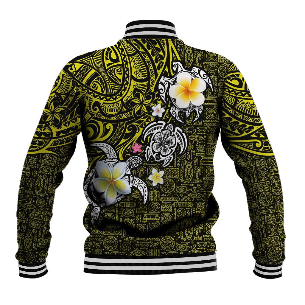 Hawaiian Turtle and Plumeria Baseball Jacket Polynesian Tattoo and Tribal Elements Pattern Yellow Color LT03 - Polynesian Pride