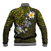 Hawaiian Turtle and Plumeria Baseball Jacket Polynesian Tattoo and Tribal Elements Pattern Yellow Color LT03 - Polynesian Pride