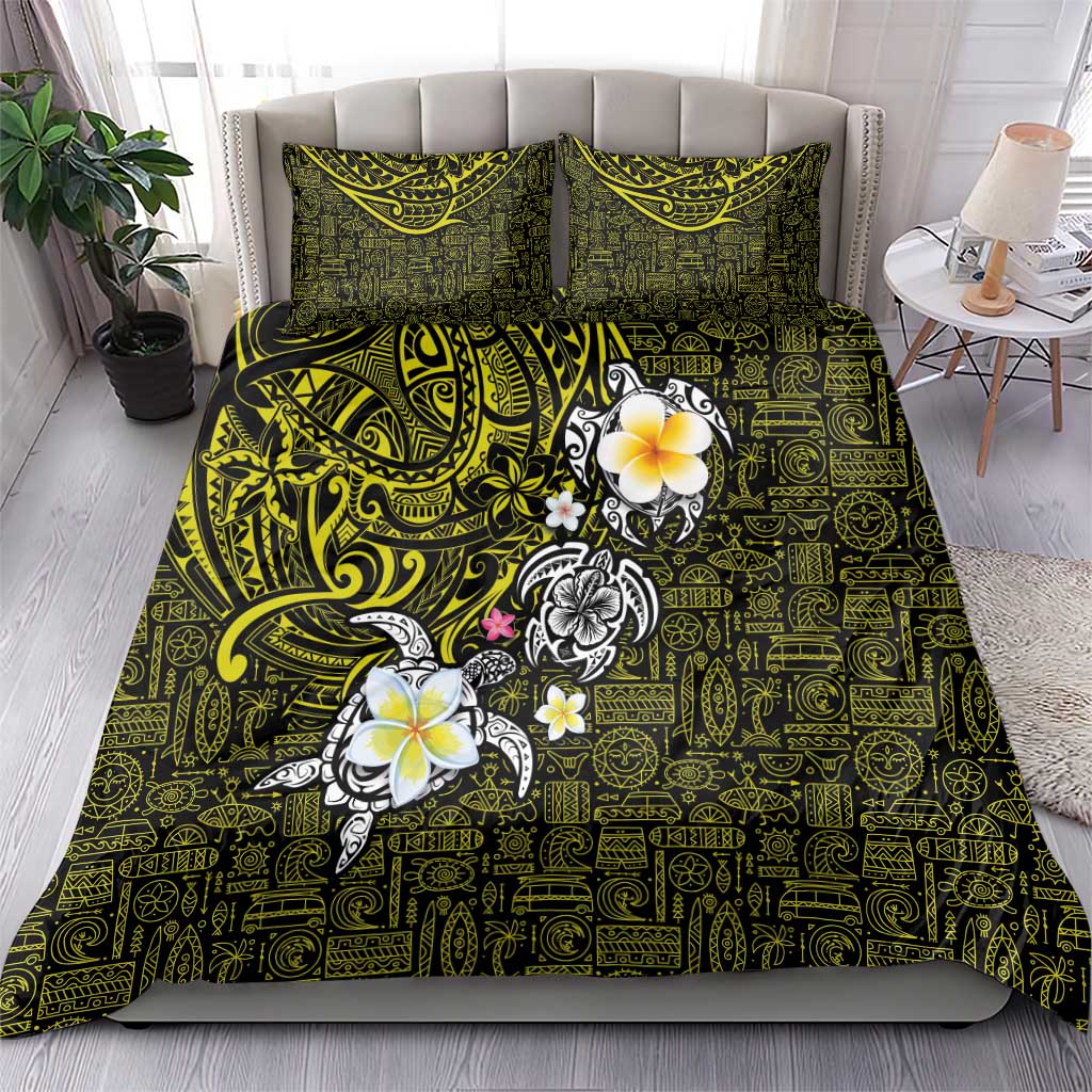 Hawaiian Turtle and Plumeria Bedding Set Polynesian Tattoo and Tribal Elements Pattern Yellow Color LT03 - Polynesian Pride