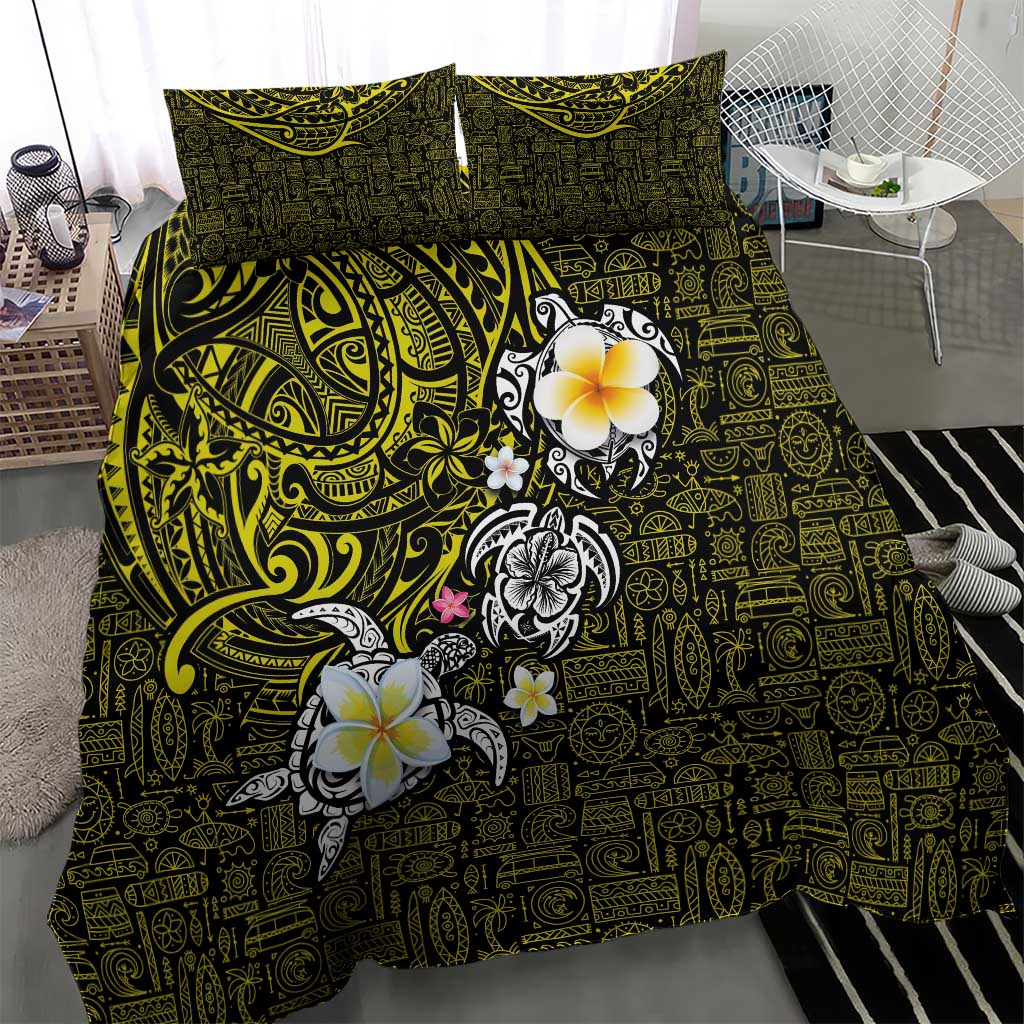 Hawaiian Turtle and Plumeria Bedding Set Polynesian Tattoo and Tribal Elements Pattern Yellow Color LT03 - Polynesian Pride