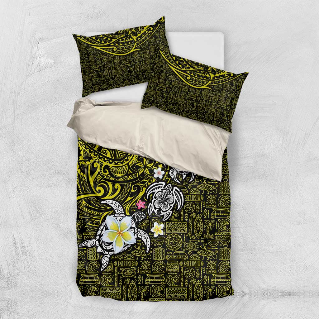 Hawaiian Turtle and Plumeria Bedding Set Polynesian Tattoo and Tribal Elements Pattern Yellow Color LT03 US Twin 172cm x 218cm Yellow - Polynesian Pride