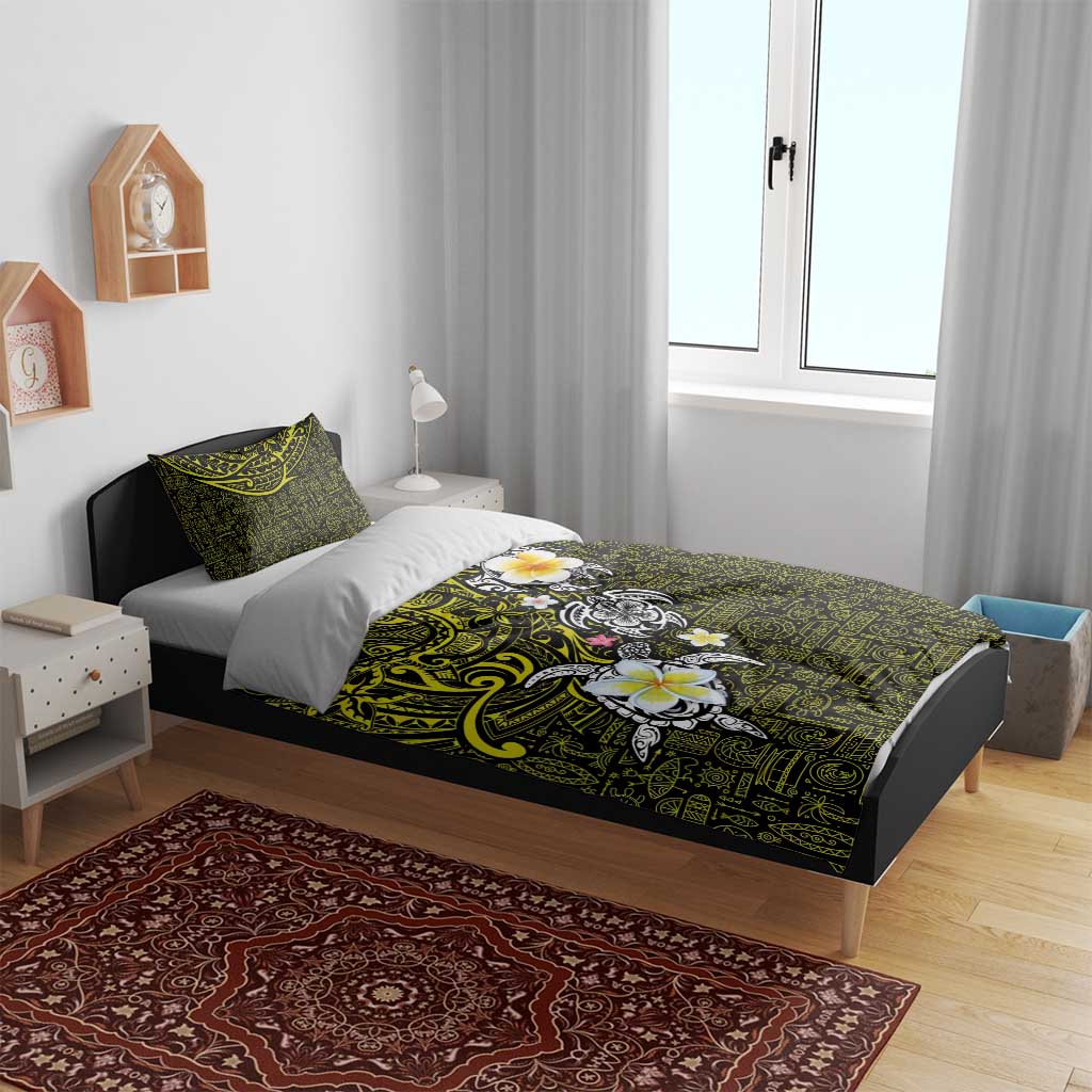 Hawaiian Turtle and Plumeria Bedding Set Polynesian Tattoo and Tribal Elements Pattern Yellow Color LT03 - Polynesian Pride