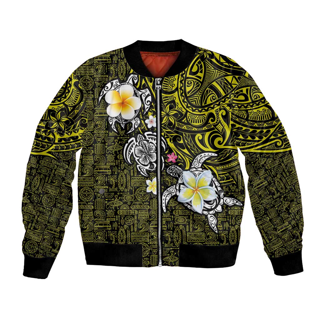 Hawaiian Turtle and Plumeria Bomber Jacket Polynesian Tattoo and Tribal Elements Pattern Yellow Color LT03 Unisex Yellow - Polynesian Pride
