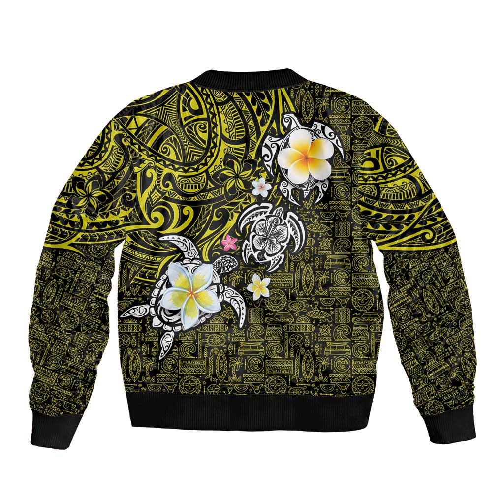 Hawaiian Turtle and Plumeria Bomber Jacket Polynesian Tattoo and Tribal Elements Pattern Yellow Color LT03 - Polynesian Pride
