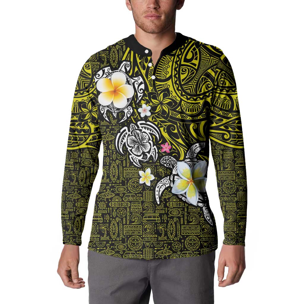 Hawaiian Turtle and Plumeria Button Sweatshirt Polynesian Tattoo and Tribal Elements Pattern Yellow Color LT03 - Polynesian Pride