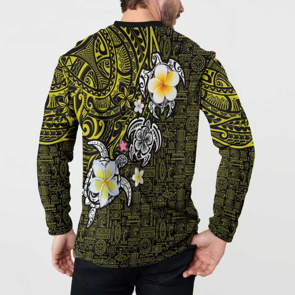 Hawaiian Turtle and Plumeria Button Sweatshirt Polynesian Tattoo and Tribal Elements Pattern Yellow Color LT03 - Polynesian Pride