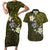 Hawaiian Turtle and Plumeria Couples Matching Short Sleeve Bodycon Dress and Hawaiian Shirt Polynesian Tattoo and Tribal Elements Pattern Yellow Color