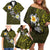 Hawaiian Turtle and Plumeria Family Matching Off Shoulder Short Dress and Hawaiian Shirt Polynesian Tattoo and Tribal Elements Pattern Yellow Color