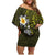 Hawaiian Turtle and Plumeria Family Matching Off Shoulder Short Dress and Hawaiian Shirt Polynesian Tattoo and Tribal Elements Pattern Yellow Color