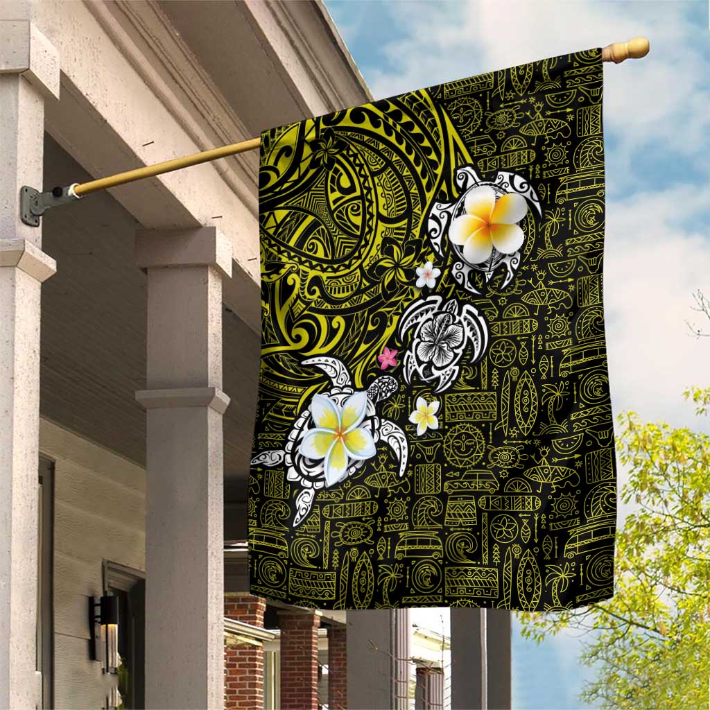 Hawaiian Turtle and Plumeria Garden Flag Polynesian Tattoo and Tribal Elements Pattern Yellow Color LT03 House Flag Yellow - Polynesian Pride
