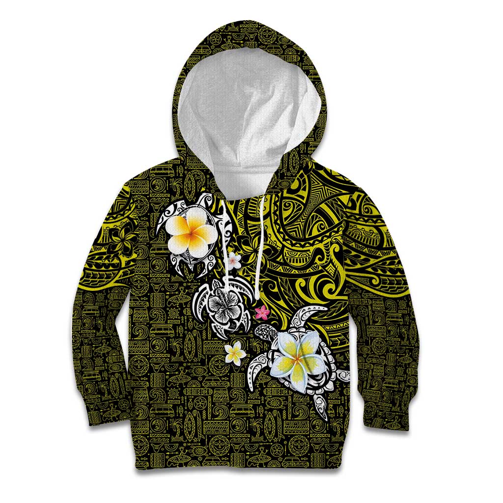 Hawaiian Turtle and Plumeria Kid Hoodie Polynesian Tattoo and Tribal Elements Pattern Yellow Color LT03 Hoodie Yellow - Polynesian Pride