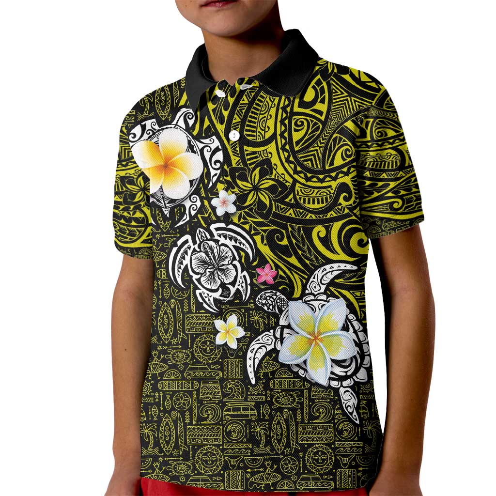 Hawaiian Turtle and Plumeria Kid Polo Shirt Polynesian Tattoo and Tribal Elements Pattern Yellow Color LT03 Kid Yellow - Polynesian Pride