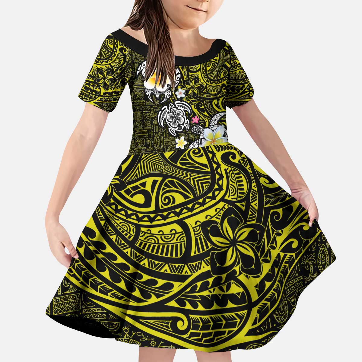 Hawaiian Turtle and Plumeria Kid Short Sleeve Dress Polynesian Tattoo and Tribal Elements Pattern Yellow Color LT03 KID Yellow - Polynesian Pride