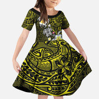 Hawaiian Turtle and Plumeria Kid Short Sleeve Dress Polynesian Tattoo and Tribal Elements Pattern Yellow Color LT03 KID Yellow - Polynesian Pride