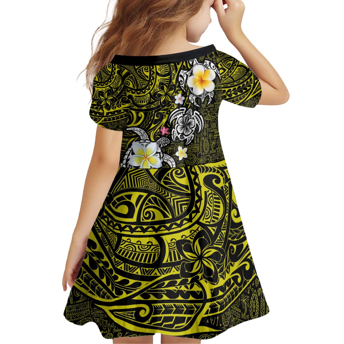 Hawaiian Turtle and Plumeria Kid Short Sleeve Dress Polynesian Tattoo and Tribal Elements Pattern Yellow Color LT03 - Polynesian Pride