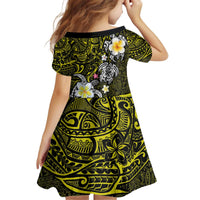 Hawaiian Turtle and Plumeria Kid Short Sleeve Dress Polynesian Tattoo and Tribal Elements Pattern Yellow Color LT03 - Polynesian Pride