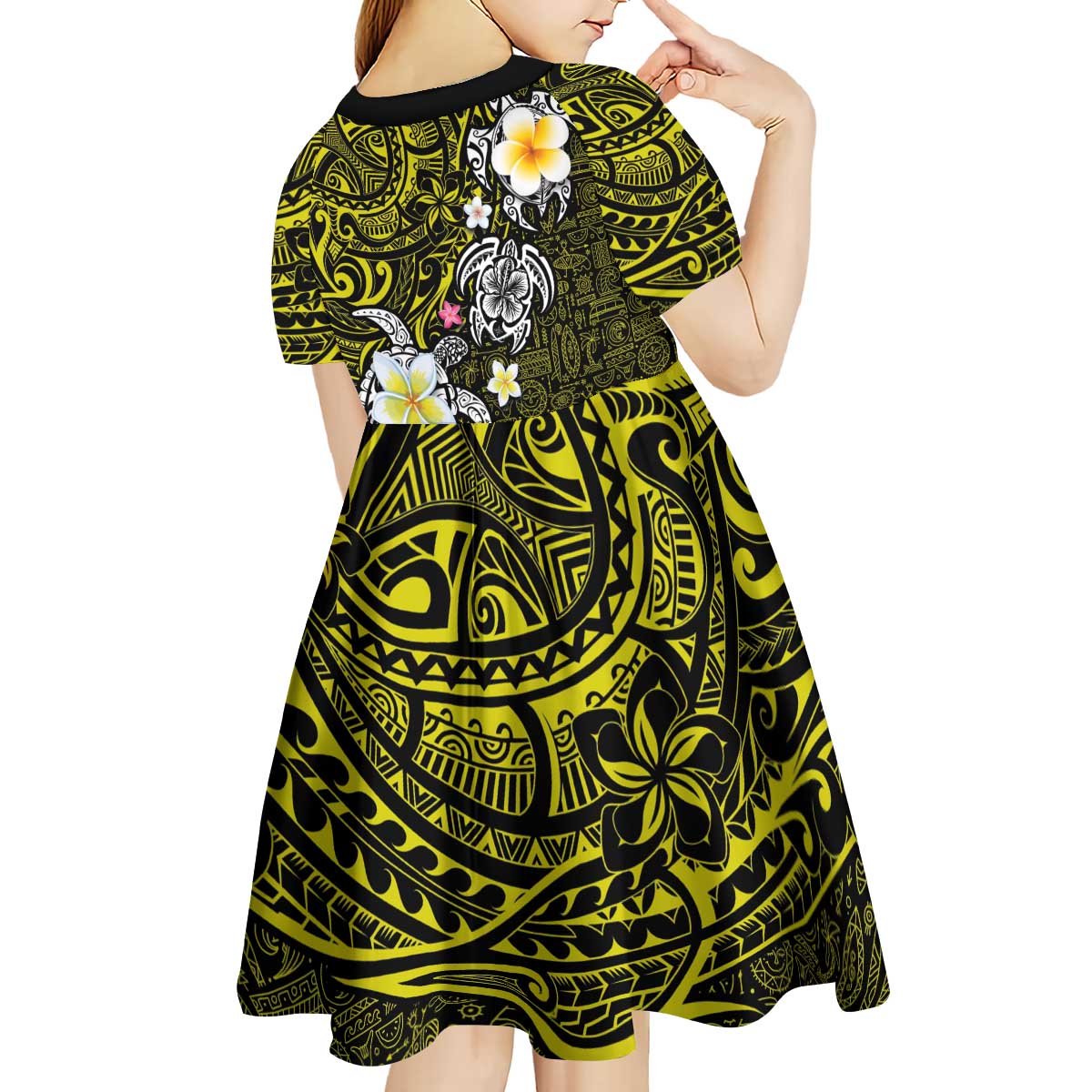 Hawaiian Turtle and Plumeria Kid Short Sleeve Dress Polynesian Tattoo and Tribal Elements Pattern Yellow Color LT03 - Polynesian Pride