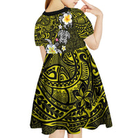 Hawaiian Turtle and Plumeria Kid Short Sleeve Dress Polynesian Tattoo and Tribal Elements Pattern Yellow Color LT03 - Polynesian Pride