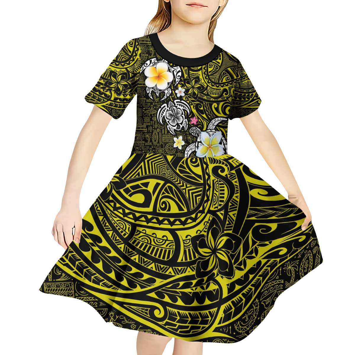 Hawaiian Turtle and Plumeria Kid Short Sleeve Dress Polynesian Tattoo and Tribal Elements Pattern Yellow Color LT03 - Polynesian Pride