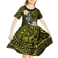 Hawaiian Turtle and Plumeria Kid Short Sleeve Dress Polynesian Tattoo and Tribal Elements Pattern Yellow Color LT03 - Polynesian Pride