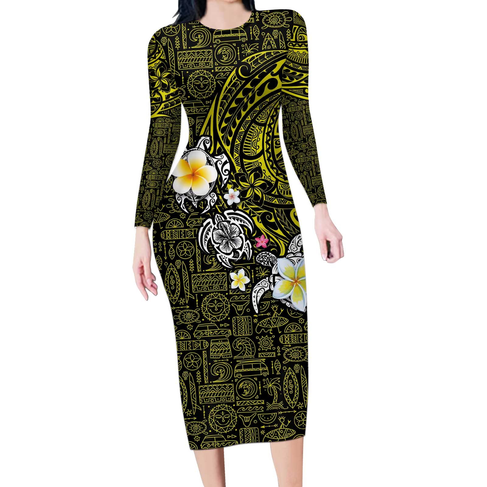 Hawaiian Turtle and Plumeria Long Sleeve Bodycon Dress Polynesian Tattoo and Tribal Elements Pattern Yellow Color LT03 Long Dress Yellow - Polynesian Pride