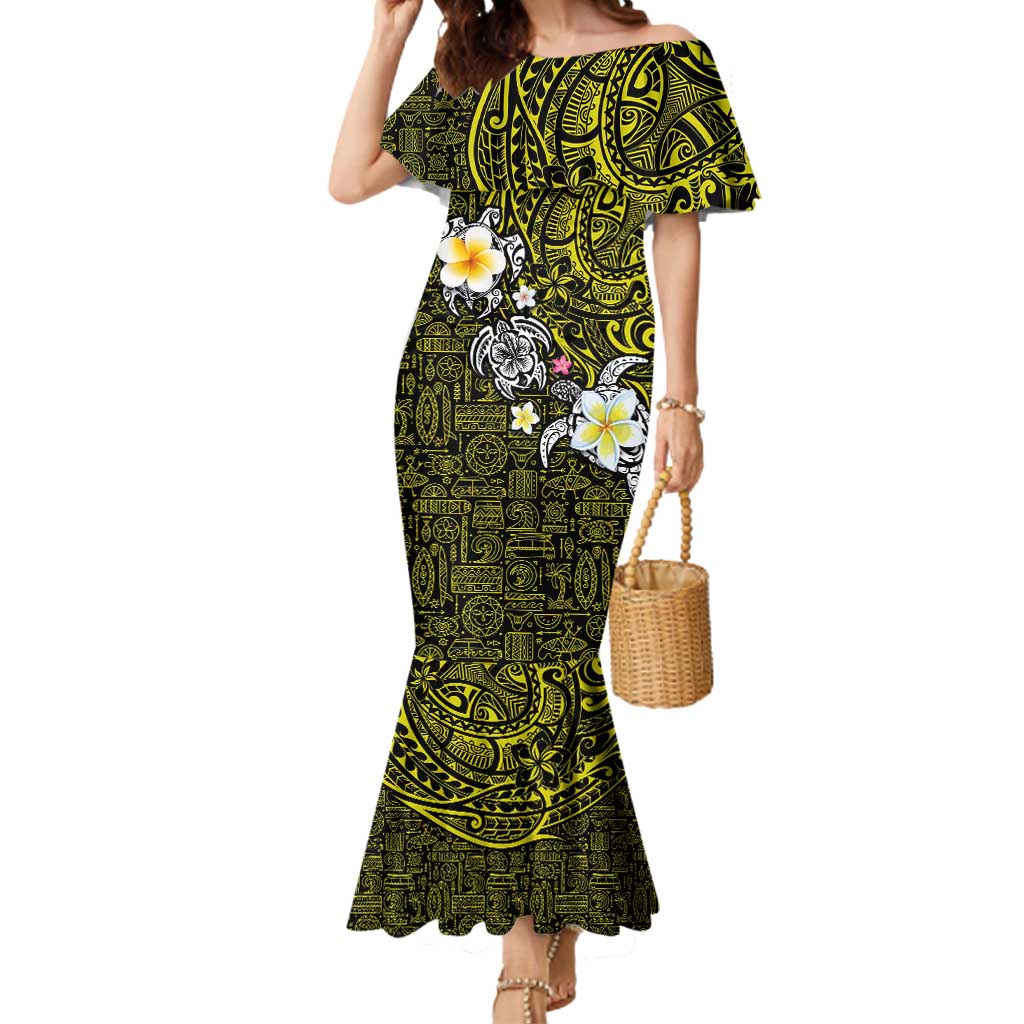 Hawaiian Turtle and Plumeria Mermaid Dress Polynesian Tattoo and Tribal Elements Pattern Yellow Color LT03 Women Yellow - Polynesian Pride