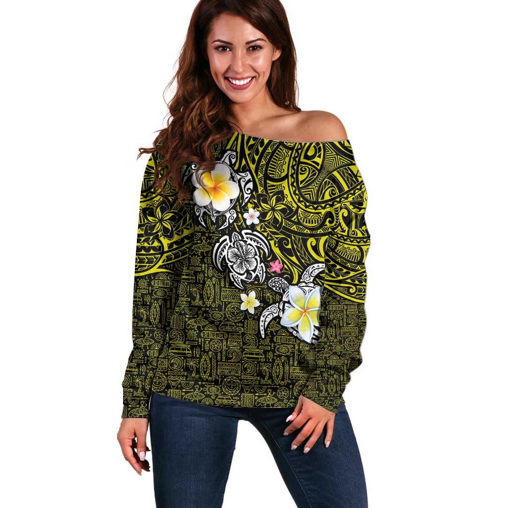 Hawaiian Turtle and Plumeria Off Shoulder Sweater Polynesian Tattoo and Tribal Elements Pattern Yellow Color LT03 Women Yellow - Polynesian Pride