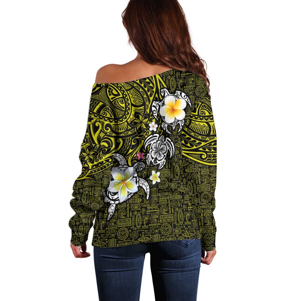 Hawaiian Turtle and Plumeria Off Shoulder Sweater Polynesian Tattoo and Tribal Elements Pattern Yellow Color LT03 - Polynesian Pride