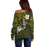 Hawaiian Turtle and Plumeria Off Shoulder Sweater Polynesian Tattoo and Tribal Elements Pattern Yellow Color LT03 - Polynesian Pride