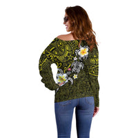 Hawaiian Turtle and Plumeria Off Shoulder Sweater Polynesian Tattoo and Tribal Elements Pattern Yellow Color LT03 - Polynesian Pride