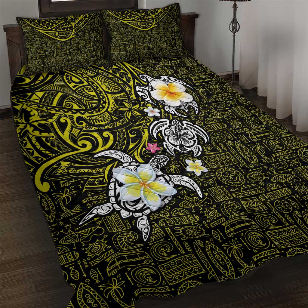 Hawaiian Turtle and Plumeria Quilt Bed Set Polynesian Tattoo and Tribal Elements Pattern Yellow Color LT03 Yellow - Polynesian Pride