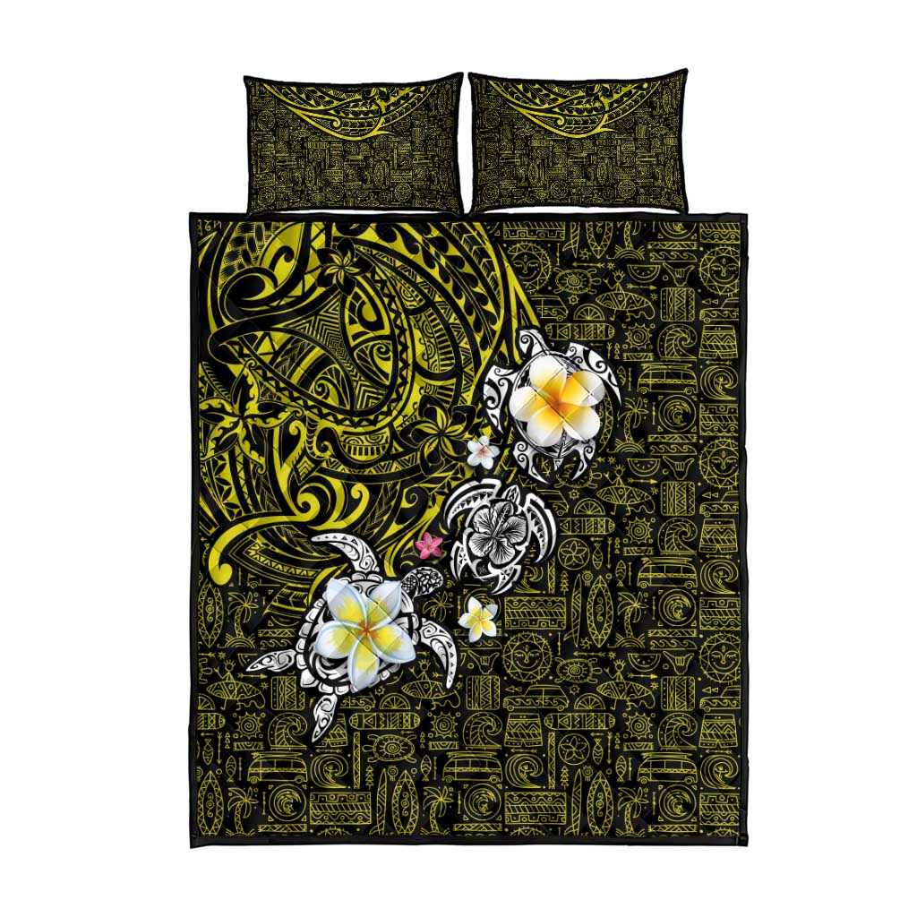 Hawaiian Turtle and Plumeria Quilt Bed Set Polynesian Tattoo and Tribal Elements Pattern Yellow Color LT03 - Polynesian Pride