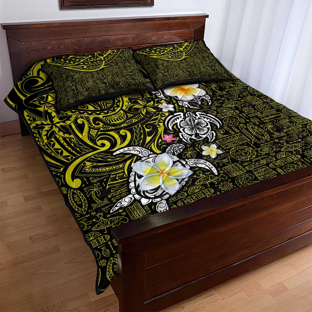Hawaiian Turtle and Plumeria Quilt Bed Set Polynesian Tattoo and Tribal Elements Pattern Yellow Color LT03 - Polynesian Pride