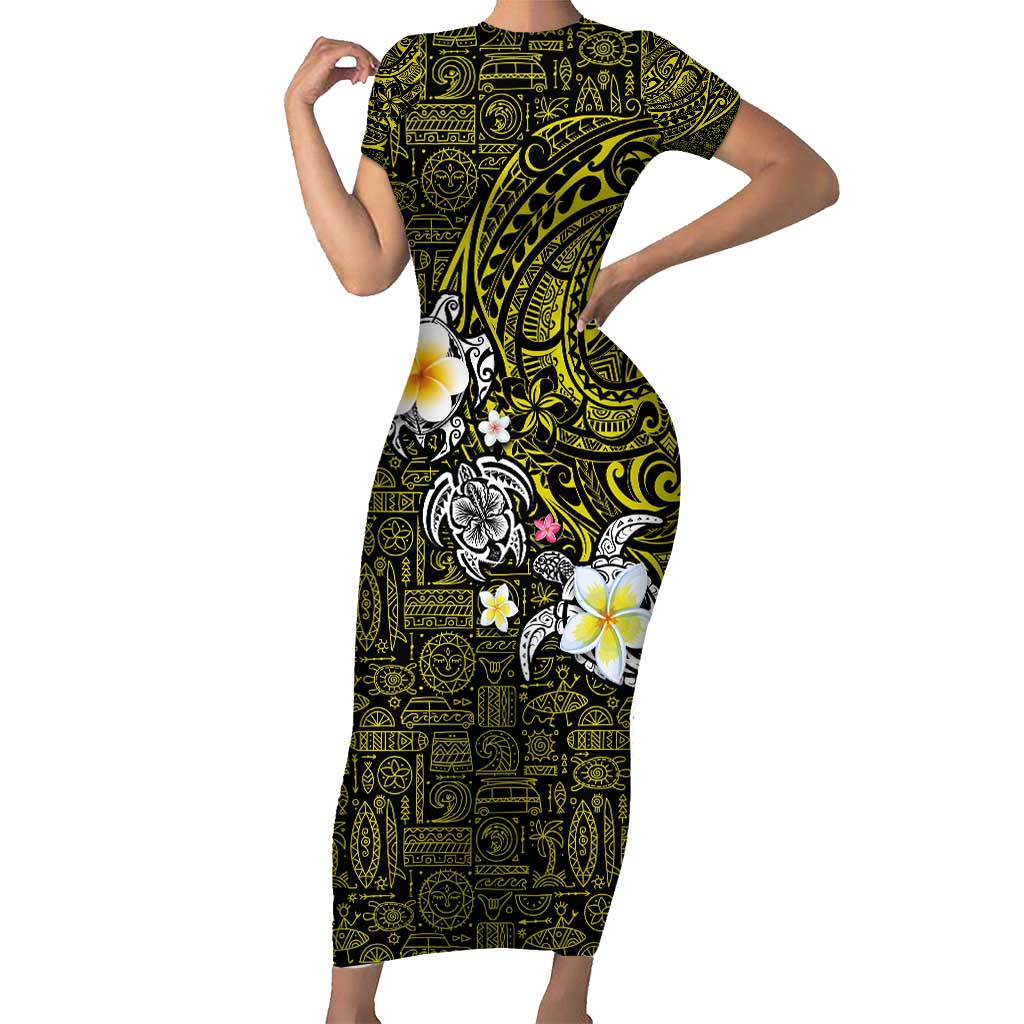 Hawaiian Turtle and Plumeria Short Sleeve Bodycon Dress Polynesian Tattoo and Tribal Elements Pattern Yellow Color LT03 Long Dress Yellow - Polynesian Pride