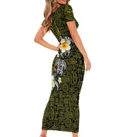 Hawaiian Turtle and Plumeria Short Sleeve Bodycon Dress Polynesian Tattoo and Tribal Elements Pattern Yellow Color LT03 - Polynesian Pride