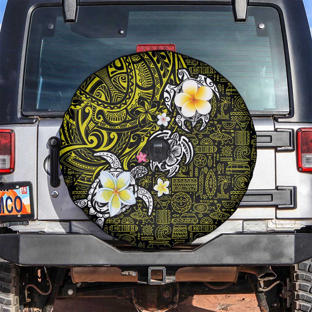 Hawaiian Turtle and Plumeria Spare Tire Cover Polynesian Tattoo and Tribal Elements Pattern Yellow Color