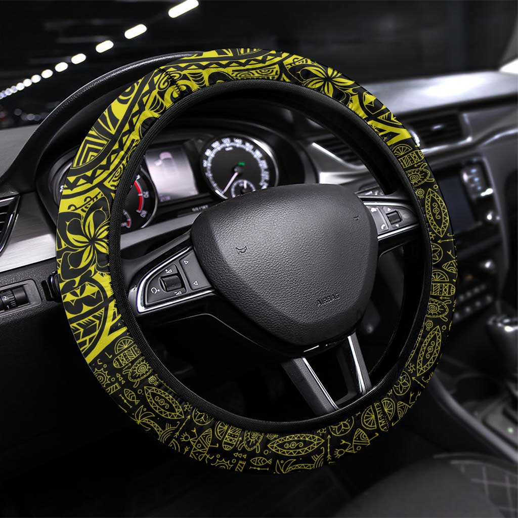 Hawaiian Turtle and Plumeria Steering Wheel Cover Polynesian Tattoo and Tribal Elements Pattern Yellow Color LT03 Universal Fit Yellow - Polynesian Pride