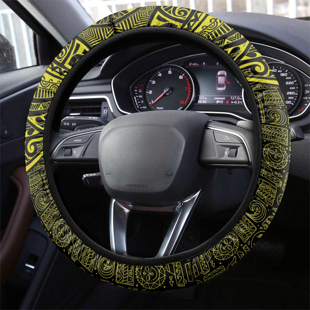 Hawaiian Turtle and Plumeria Steering Wheel Cover Polynesian Tattoo and Tribal Elements Pattern Yellow Color LT03 - Polynesian Pride