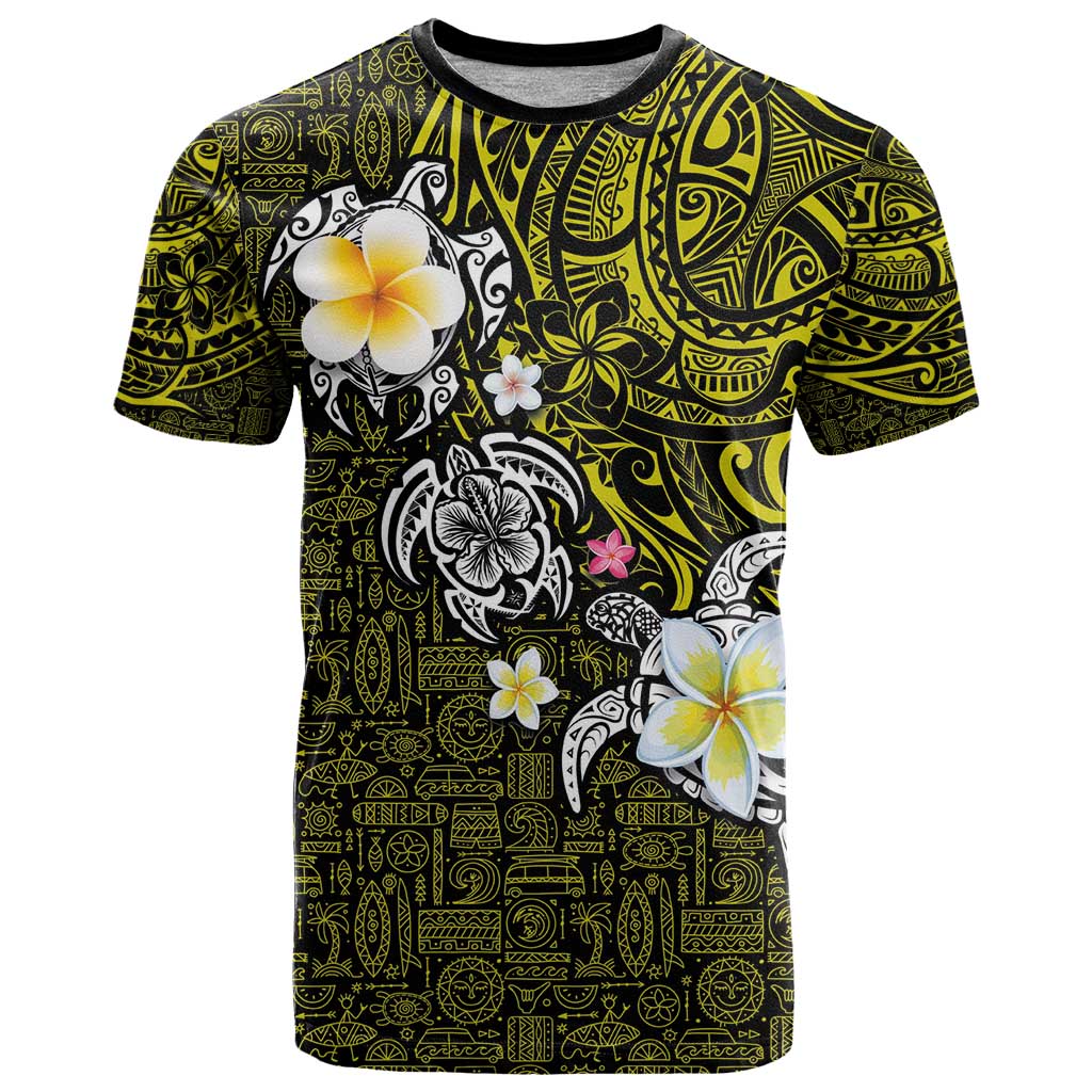 Hawaiian Turtle and Plumeria T Shirt Polynesian Tattoo and Tribal Elements Pattern Yellow Color LT03 Yellow - Polynesian Pride