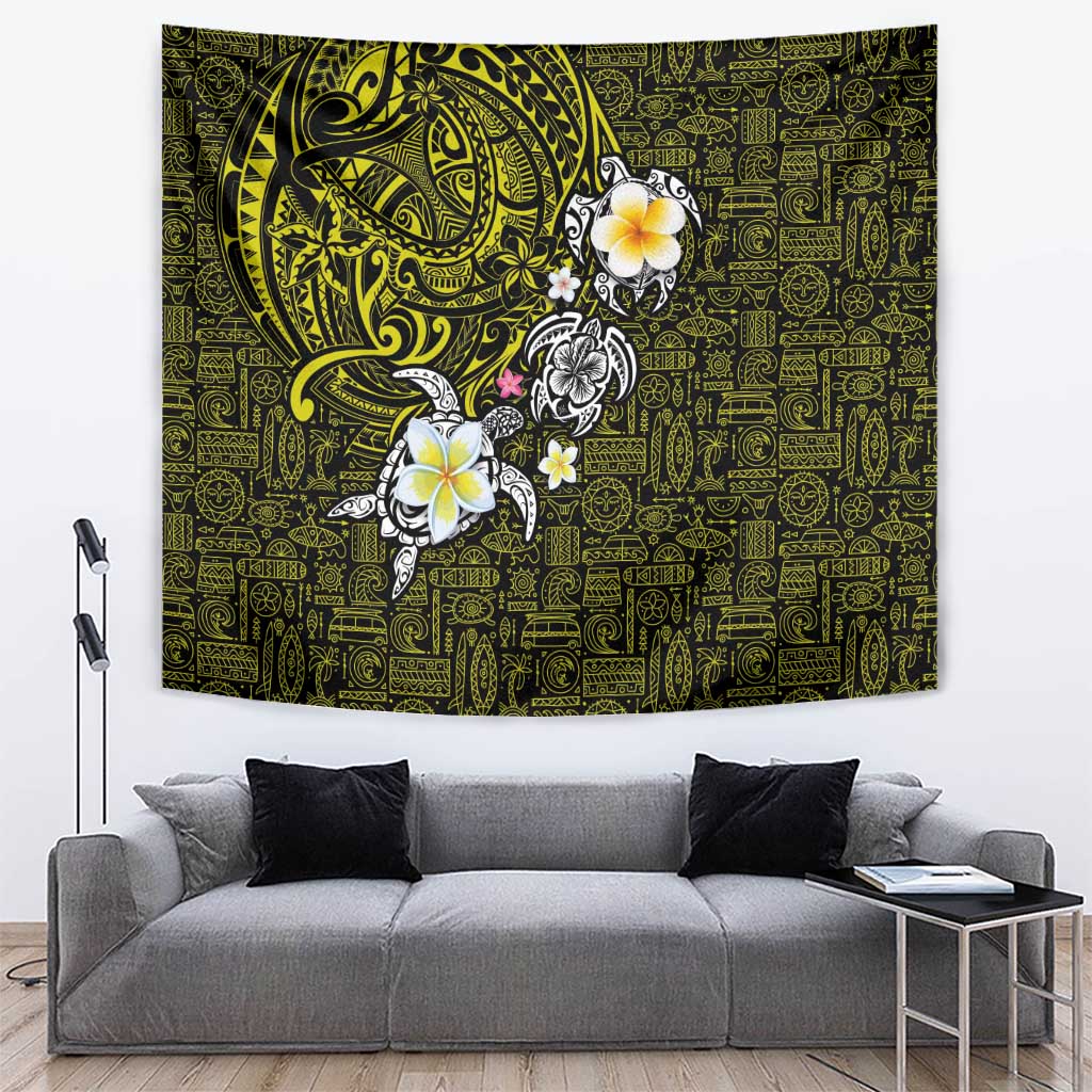 Hawaiian Turtle and Plumeria Tapestry Polynesian Tattoo and Tribal Elements Pattern Yellow Color LT03 Yellow - Polynesian Pride