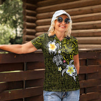Hawaiian Turtle and Plumeria Women Polo Shirt Polynesian Tattoo and Tribal Elements Pattern Yellow Color LT03 - Polynesian Pride