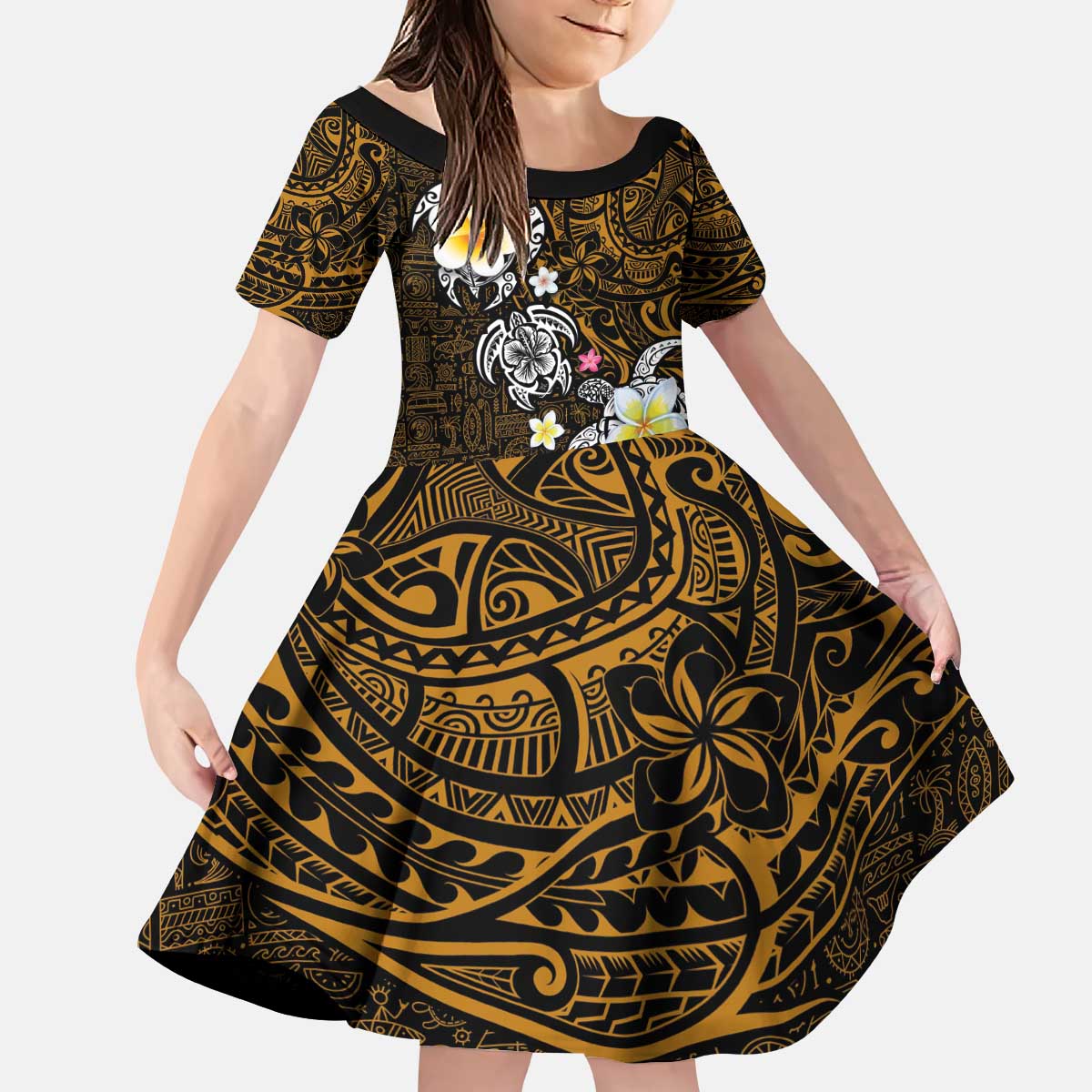 Hawaiian Turtle and Plumeria Kid Short Sleeve Dress Polynesian Tattoo and Tribal Elements Pattern Orange Color LT03 KID Orange - Polynesian Pride