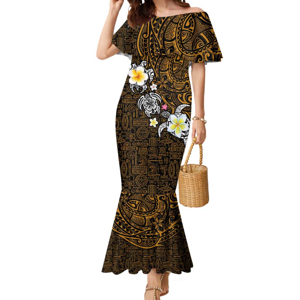 Hawaiian Turtle and Plumeria Mermaid Dress Polynesian Tattoo and Tribal Elements Pattern Orange Color LT03 Women Orange - Polynesian Pride