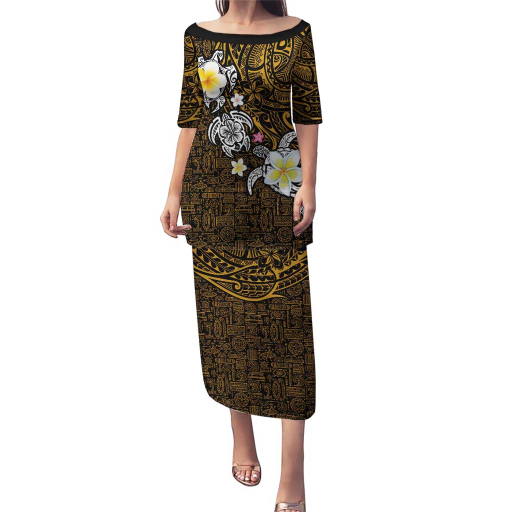 Hawaiian Turtle and Plumeria Puletasi Polynesian Tattoo and Tribal Elements Pattern Orange Color LT03 Long Dress Orange - Polynesian Pride