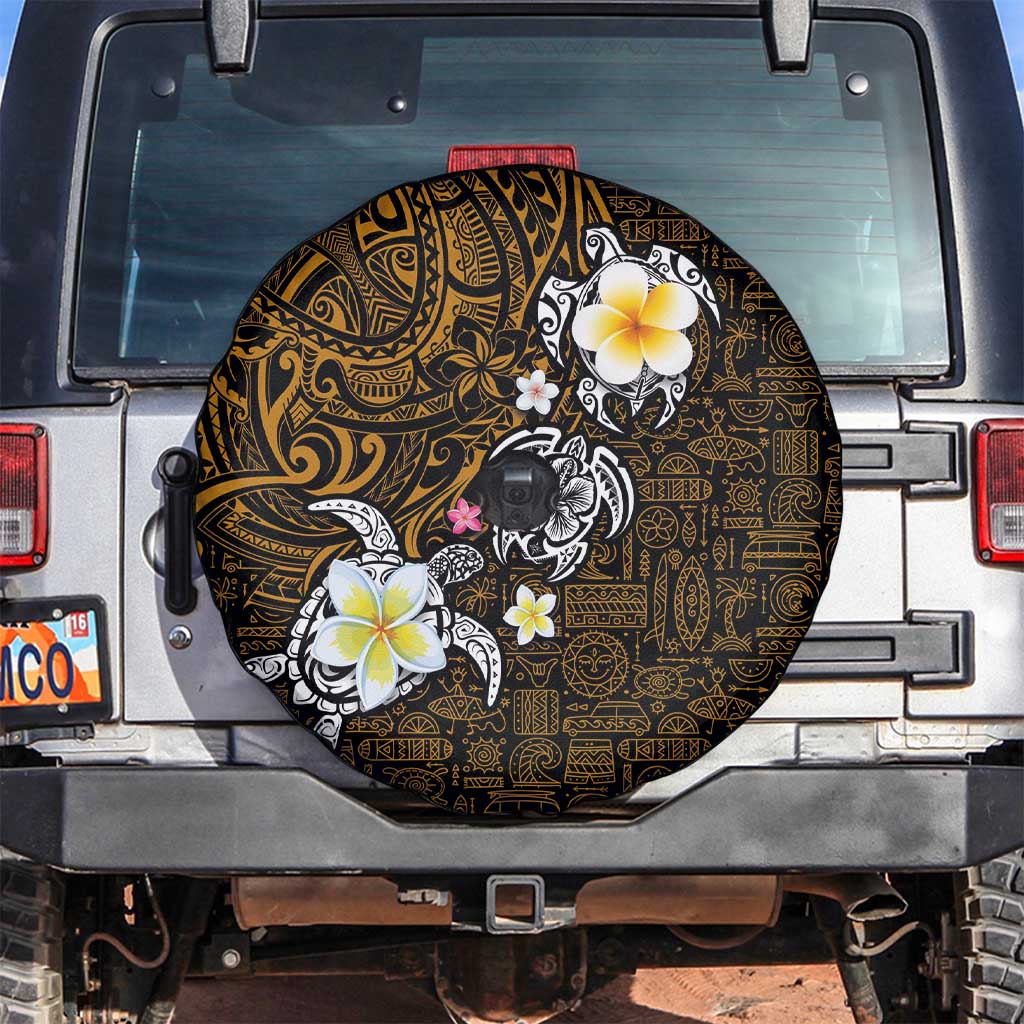 Hawaiian Turtle and Plumeria Spare Tire Cover Polynesian Tattoo and Tribal Elements Pattern Orange Color